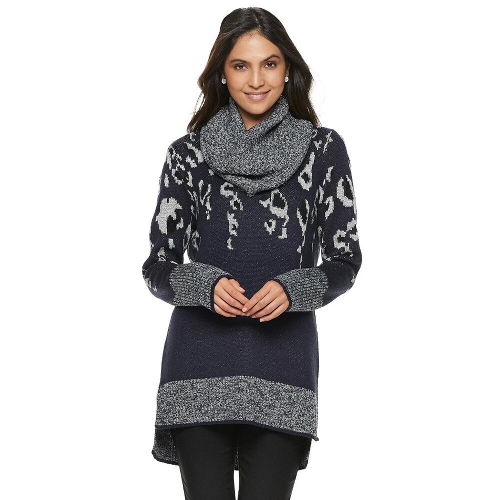 Apt 9 2in1 Hi-Low Knit Tunic & Scarf Crew/Cowl Neck Textured Leopard Animal Prnt